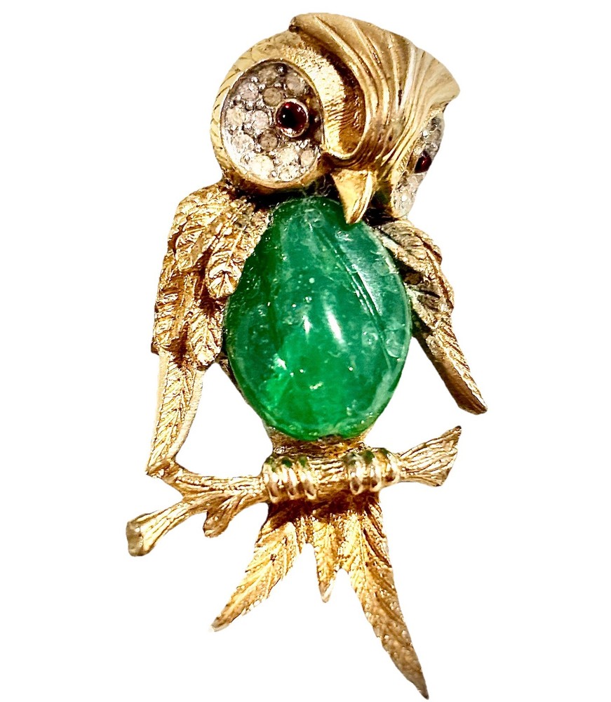 RARE Vintage Marcel Boucher 7897P Owl Brooch Figural Green Belly Rhinestone HTF
