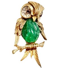 RARE Vintage Marcel Boucher 7897P Owl Brooch Figural Green Belly Rhinestone HTF