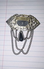 Vintage Filigree Brooch w/ Black Center Faux Stone & Chain Dangle