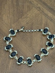 Vintage Denbe Black Rhinestone Faux Pearl Choker Necklace Gold Tone Signed Nice!