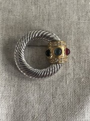 Vintage Round Silver Gold Tone Caberchon Multi Color Brooch Rhinestones 7347