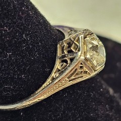 Antique Belais 18K White Gold Art Deco Ring Elongated Old Mine Cut Diamond