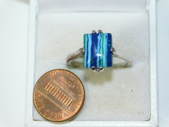 Banded Blue Glass Stone Silver tone Solitaire sz 10 Ring