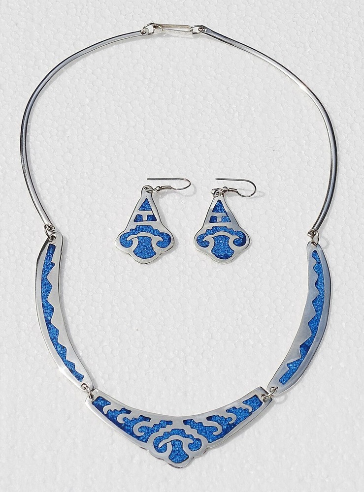 Vintage 16″ Alpaca Silver Necklace & Earrings Set Turquoise Inlay Made In Mexico