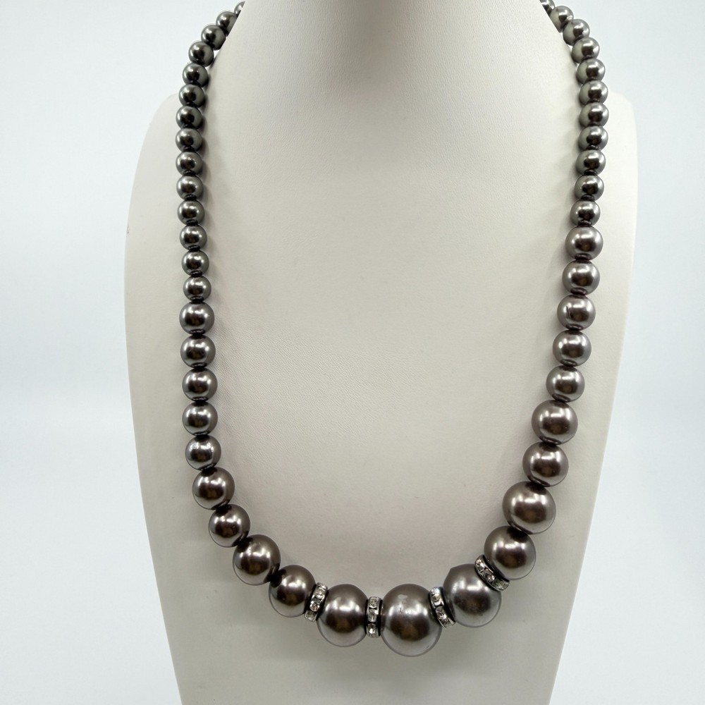 VTG Gunmetal Gray Faux Pearl Graduated Statement Necklace Rhinestone Rondelle