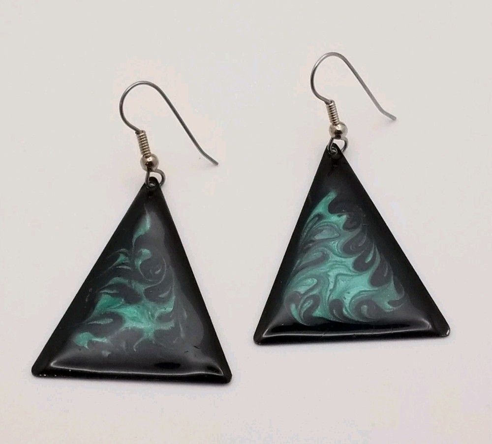 1970-80s Dangle Earrings Vintage Fashion Geometric Triangle Black & Teal Enamel