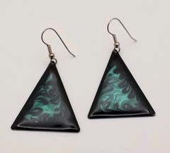 1970-80s Dangle Earrings Vintage Fashion Geometric Triangle Black & Teal Enamel
