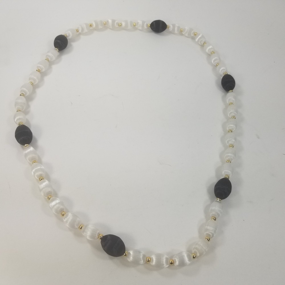 Vintage Silk Satin Thread Beaded Necklace Jewelry Gold Tone Spacers Black White