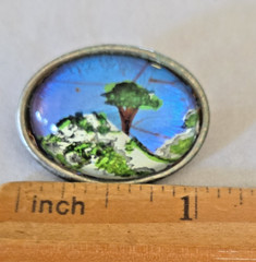 Art Deco Blue Butterfly Wing Brooch Hand Painted Tree Blue Morpho Silver Tone
