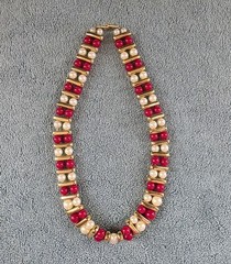 Vintage Red & White Beaded Faux Pearl Gold Tone Choker Necklace, Snap Close 19″