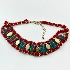 VTG Boho Red Woven Chain Collar Necklace Blue Rhinestone Floral Ribbon Statement