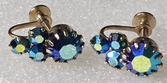 Vintage Purple Blue Aurora Borealis Rhinestones Brass Screw Back Earrings