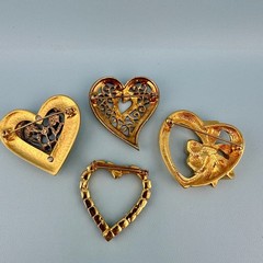 Vintage Heart Brooch Lot Gold Silver Tone Rhinestone Filigree Open Work Ribbon