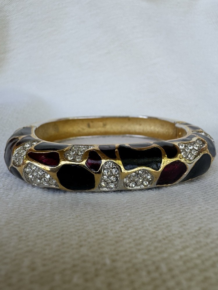 Lanvin Paris Hinged Bangle Bracelet Enamel Gold tone Rhinestone