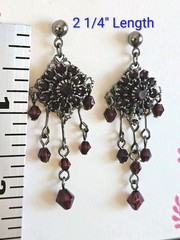 Victorian Style Faux Garnet Gunmetal Dangle Pierced Earrings 2 1/4″ Stunning New