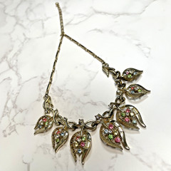 Vintage Gold Tone Multi Color Pastel Rhinestone Leaf Collar Choker Necklace 1950