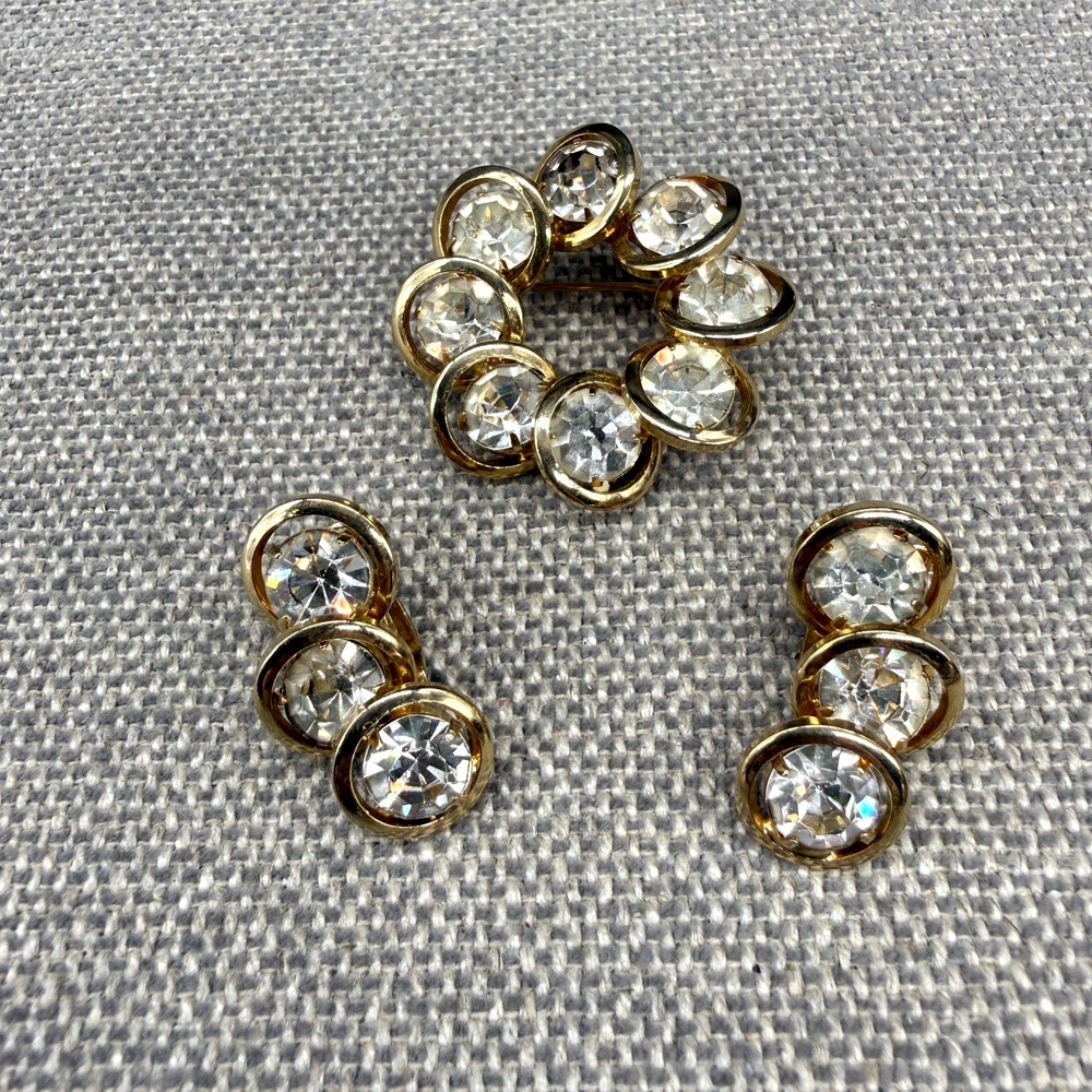 Vintage Judy Lee Set Brooch Earrings Clear Round Rhinestones Gold Tone