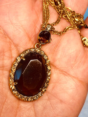 Monet Gold Tone Brown & Rhinestone Pendant Necklace & Clip Earrings NWT