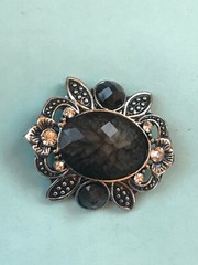 Acrylic Faceted Black Oval w Ornate Floral Silvertone Frame & Clear Rhinestone