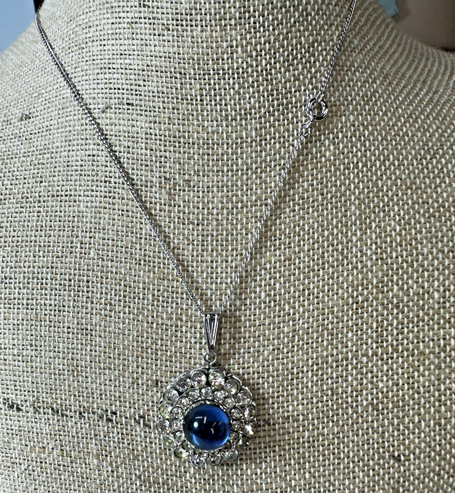 Vintage Necklace Karu Blue Glass Cabochon Pendant Clear Chain