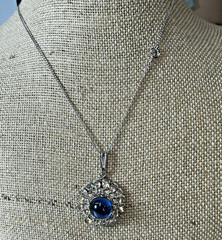 Vintage Necklace Karu Blue Glass Cabochon Pendant Clear Chain