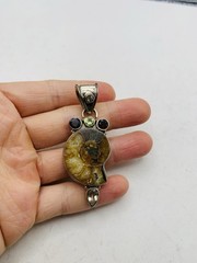 Vintage Sterling Silver 925 Peridot Smoky Topaz Gemstone Ammonite Fossil Pendant