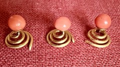 Original Antique Victorian Three Gold-Tone Metal & Coral Tuxedo Shirt Studs
