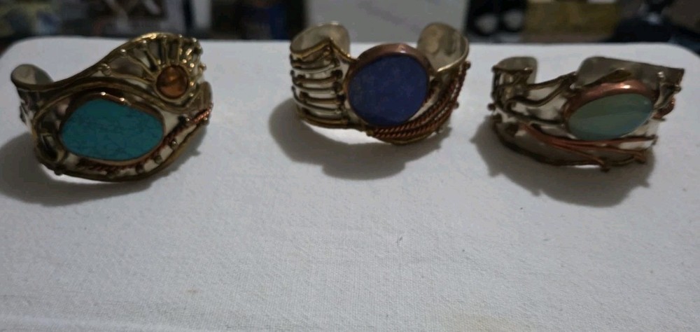 Lot 3 Vtg Unmarked Artisan Mixed Metal Cuff Bracelets Copper Brass Stone