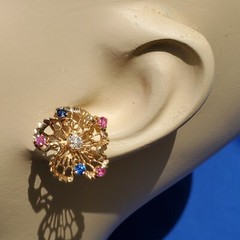 Original EARTH MINED DIAMOND Sapphire Ruby Deco Earrings Vintage SOLID 14K GOLD