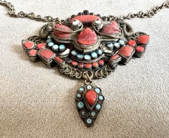 Vtg Tibetan Nepali HUGE 4″ WRATHFUL DEITY PENDANT Coral Turquoise Brass NECKLACE