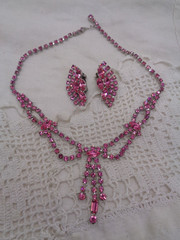 Vintage Pink Rhinestone Necklace & Clip Earrings Set
