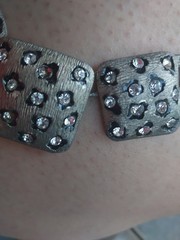 Chunky Silvertone Chain w Ridged Square & Clear Rhinestone Faux Animal Print