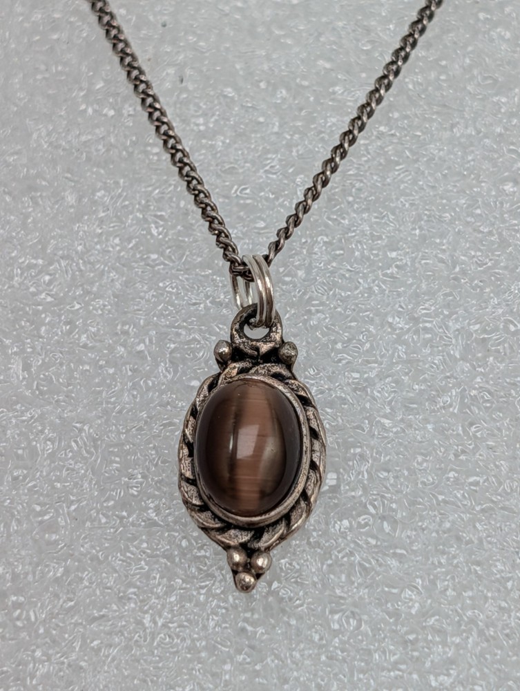 Dainty Vintage Sterling Silver 925 Tiger’s Eye Pendant Necklace