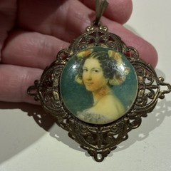 Vintage Brass Filigree Oval Portrait Pendant Gold Tone Art Beauty