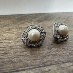 Vintage MONET Clip Earring Faux pearl PAVE crystal accent Silver tone .75 in