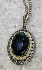 Vintage Emerald Pendant with Pearl Accents On Decorative Gold Tone