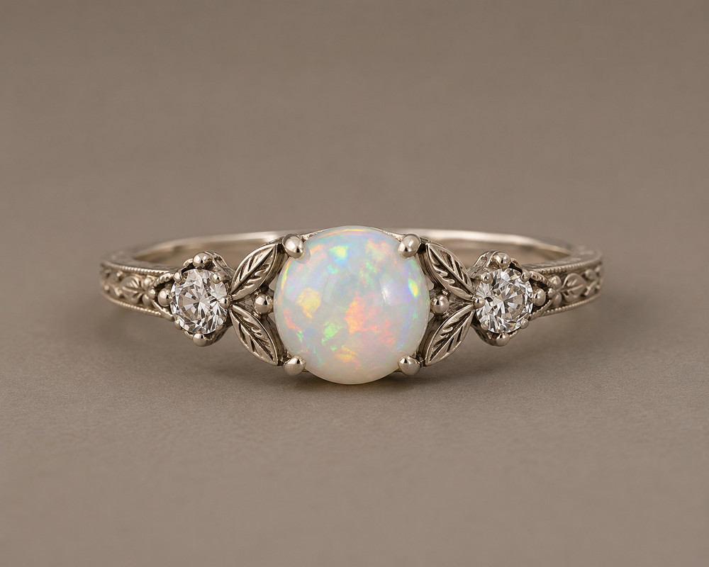 Handcrafted White Ethiopian Opal Ring with Moissanite Accents & Vintage Leaf