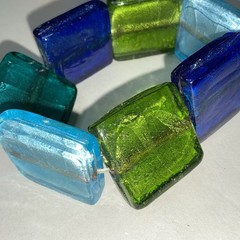 Vintage Chunky Green Teal Art Glass Square Tile Bead Stretch Bracelet