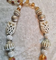 Vintage Long Graduated Topaz Cream Acrylic Porcelain Owl Beaded Necklace 26in
