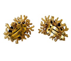 Vintage Panetta Brutalist Lapis Cabochon Crystal Textured Goldtone Clip Earrings