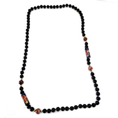 Vintage Chinese Blue Porcelain Cloisonne Black Hand Knotted Bead Necklace 28″