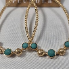Plunder “Cara” Gold Tone Oval Hoop Earrings Twisted Wire Turquoise & Gold Beads