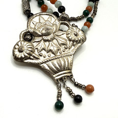 Vintage Chinese Lotus Pendant Necklace Semi Precious Stone Bead Amulet Statement