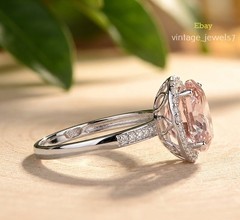 Genuine Pink Sapphire 4CT Oval Wedding Halo Engagement Ring 14K White Gold FN