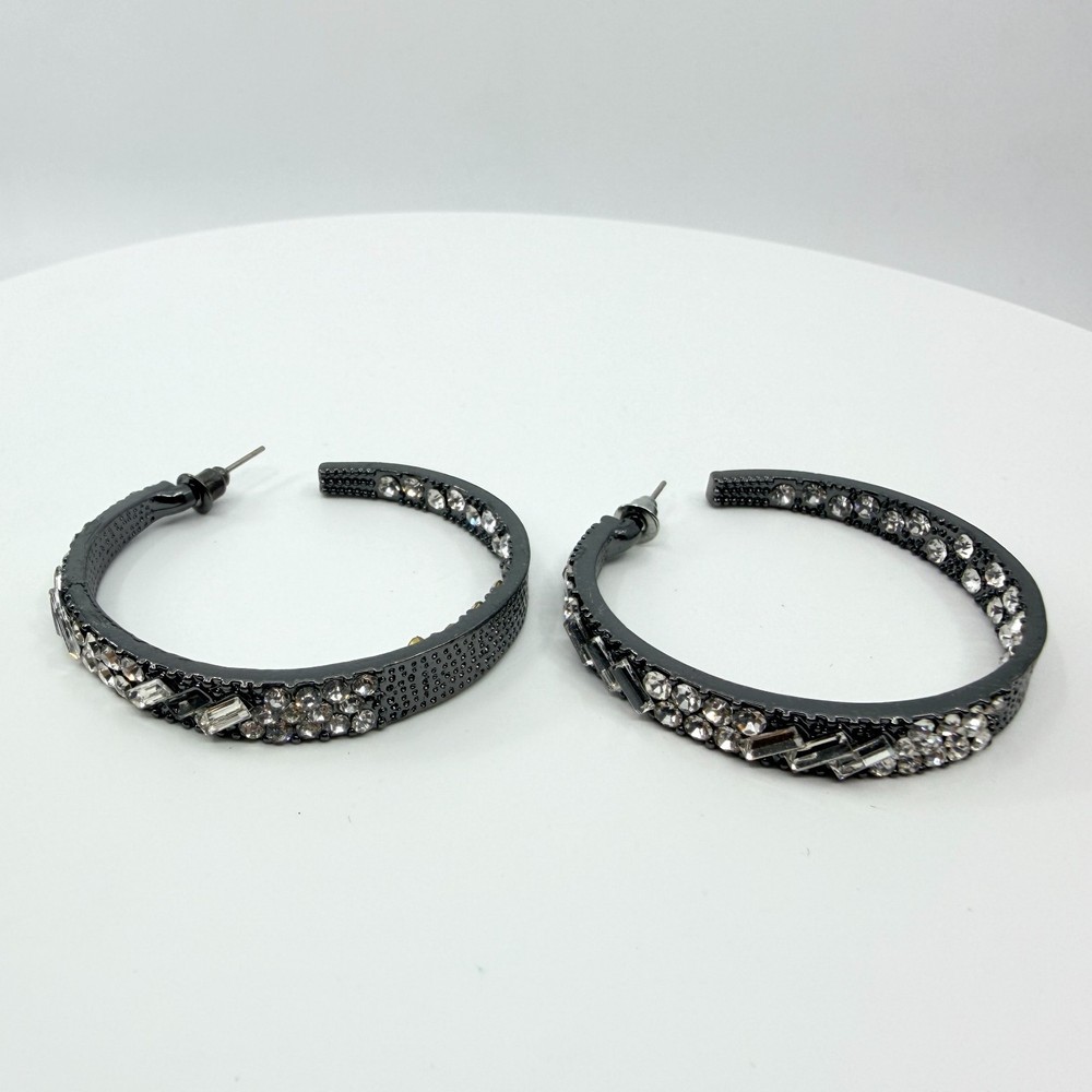 VTG Gunmetal Rhinestone Hoop Earrings Thick Baguette Crystal Inside Out Glitz