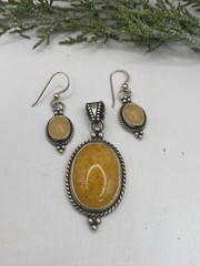 Vintage Sally Treasures, sterling, southwestern, amber pendant & earrings set
