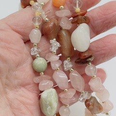 Vintage Beggars Bead Necklace Semi Precious Gemstones 31″ Pink Green Clear