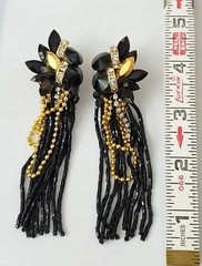 Vintage Retro Black & Gold Glass? 4″ Rhinestone Beaded Dangle Drop Earrings