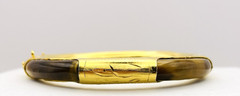 Vintage Asian Style Tiger’s Eye Gold Tone Hinged Bangle Bracelet