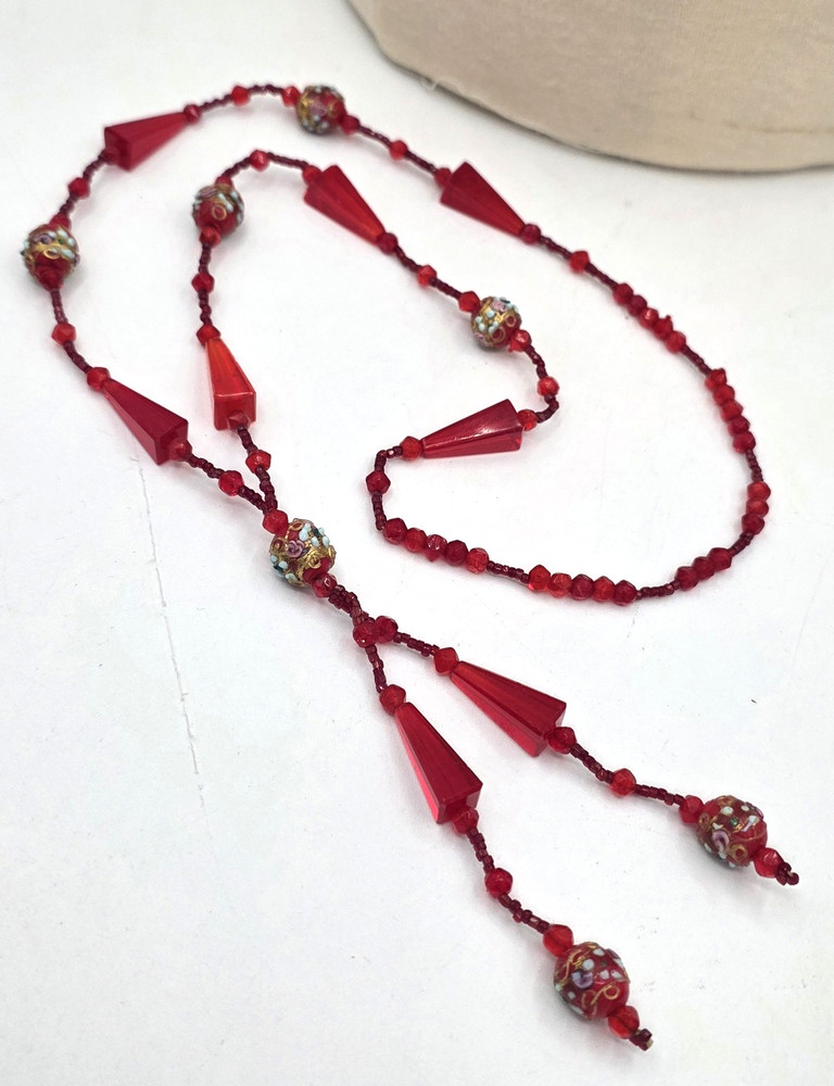 Antique 1920’s Red Ventian Glass Flapper Sautoir Necklace